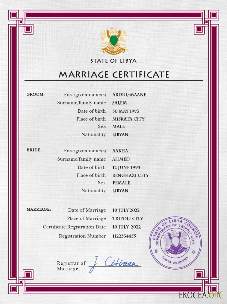 Modèle PSD de certificat de mariage en Libye